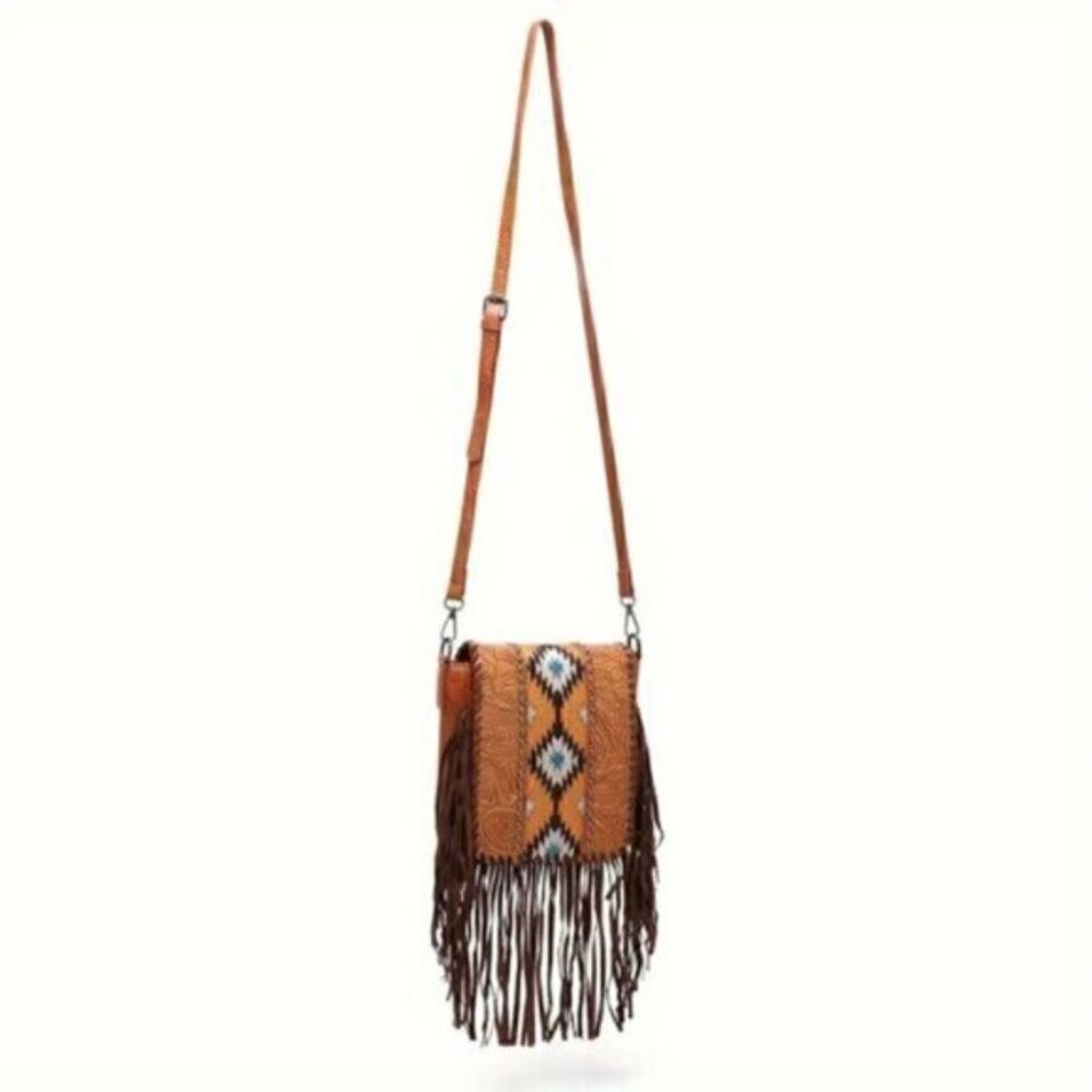 Vintage Bohemian Style Rivet Crossbody Bag, Tassel  Aztec Tribal Fringe Purse - Picture 3 of 5